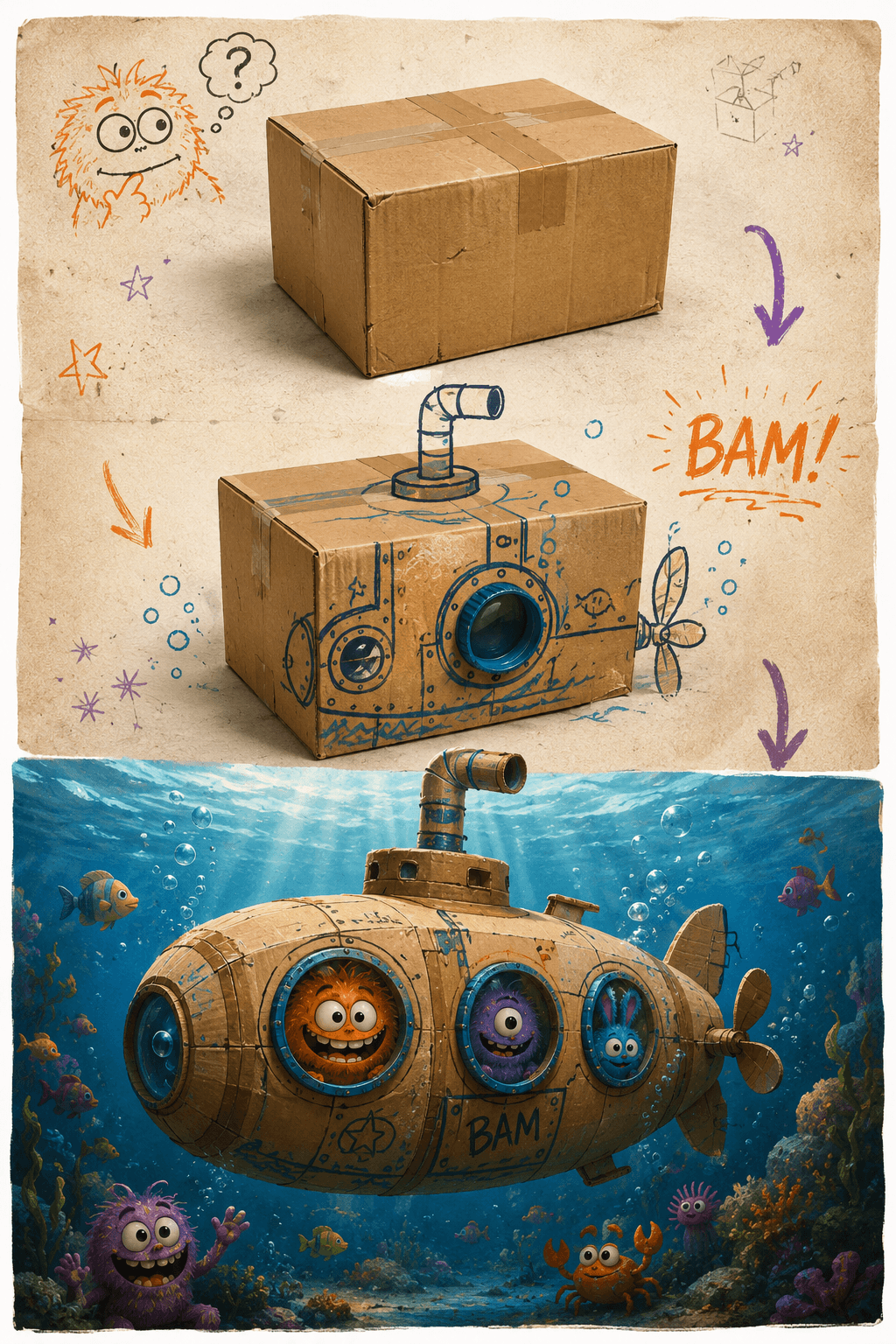 A cardboard box becoming a homemade submarine in Bam's imagination