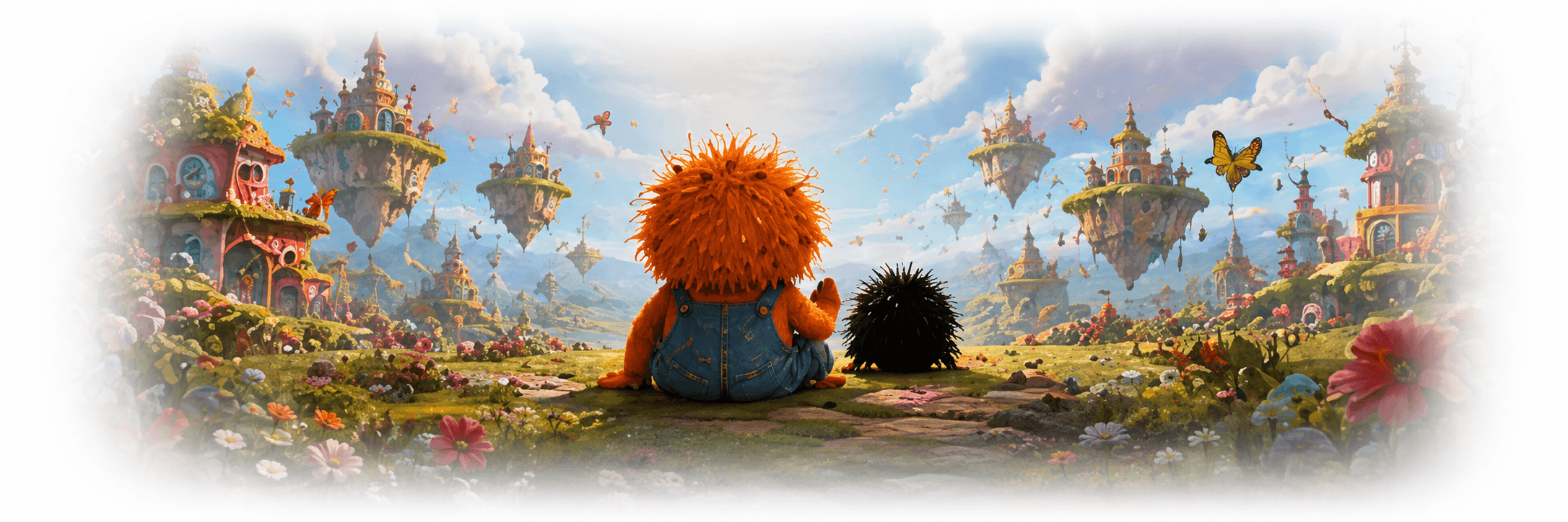 Bam and his friend looking out over a world of floating islands