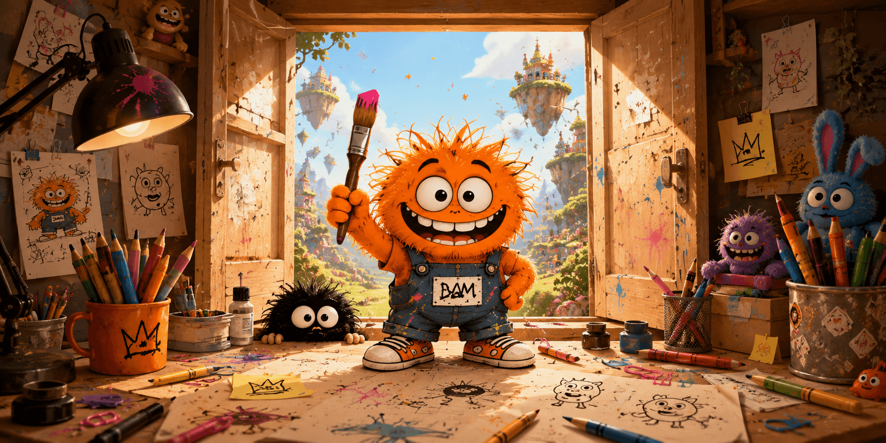 Bam standing in a creative workshop doorway with worlds outside