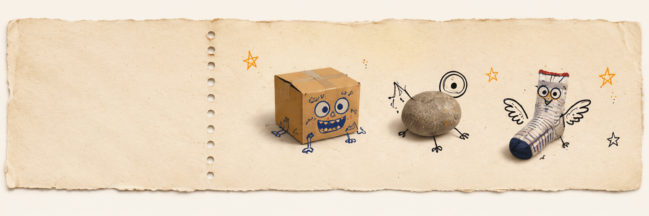 A box, pebble and sock with doodles on a paper strip