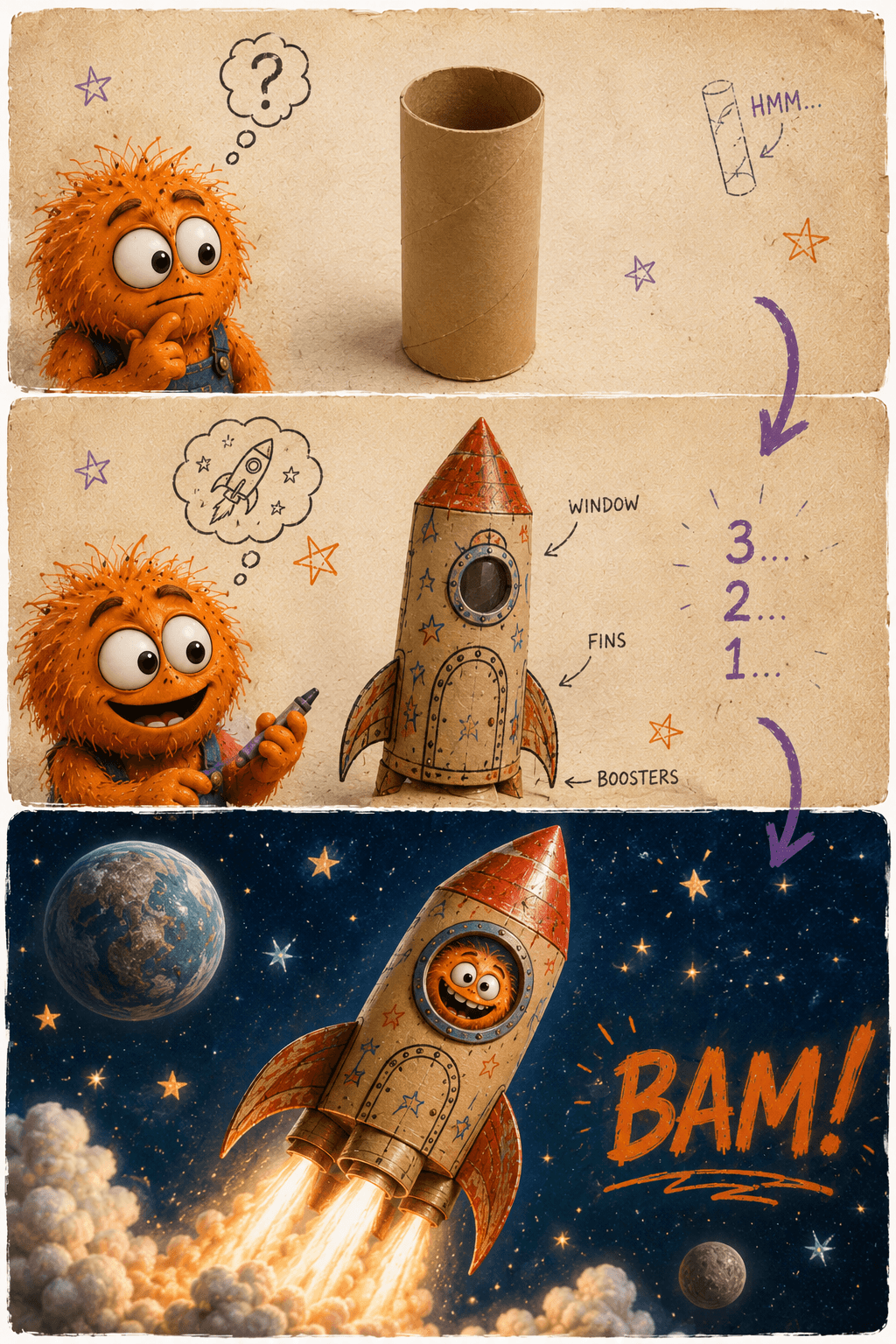 A toilet-roll tube becoming a cardboard rocket