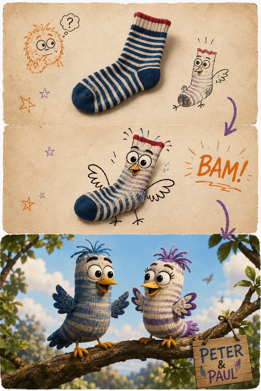 A striped sock becoming Peter and Paul in Bam's imagination